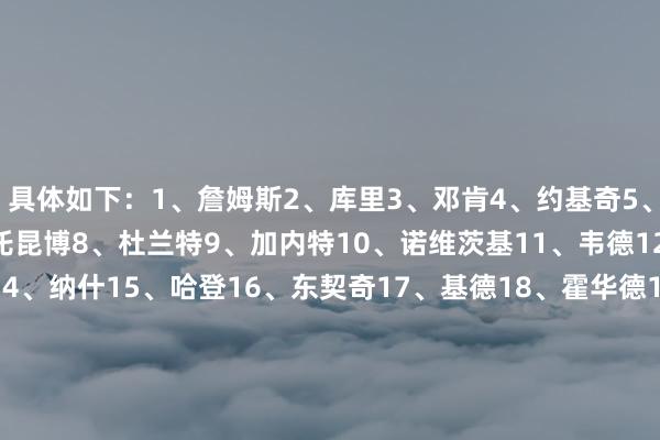 具体如下：1、詹姆斯2、库里3、邓肯4、约基奇5、奥尼尔6、科比7、阿德托昆博8、杜兰特9、加内特10、诺维茨基11、韦德12、保罗13、莱昂纳德14、纳什15、哈登16、东契奇17、基德18、霍华德19、安东尼-戴维斯20、艾弗森21、麦迪22、利拉德23、塔图姆24、亚历山大25、威斯布鲁克    体育赛事直播